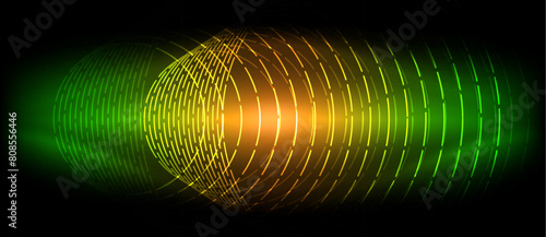 A mesmerizing visual effect lighting display of green, yellow, and orange waves on a black background. The vibrant colors resemble terrestrial plant patterns in macro photography