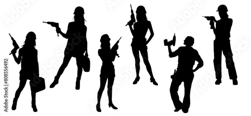Silhouette collection of female workers carrying driller tool