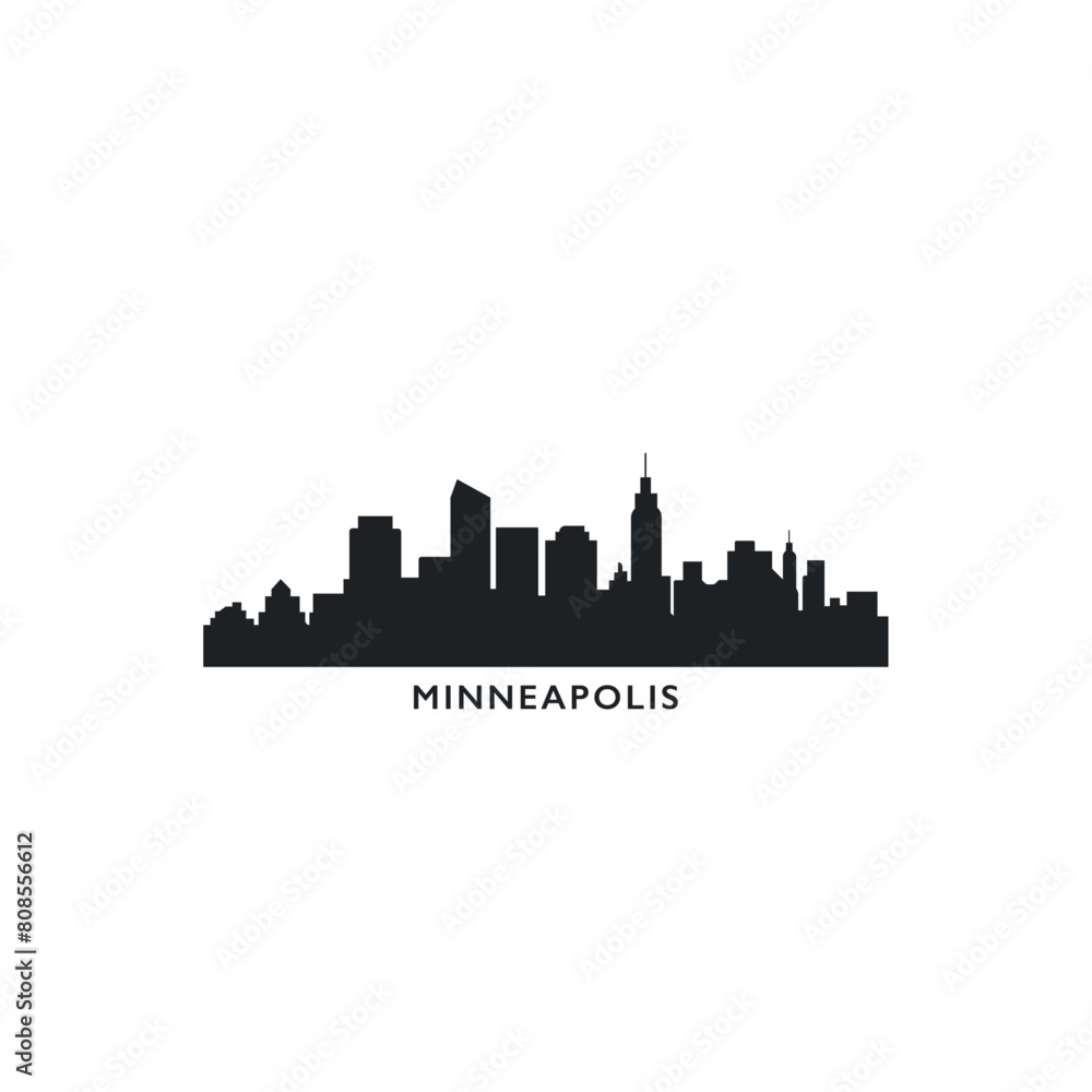Minneapolis USA United States of America, city skyline logo. Panorama vector flat US Minnesota black state icon, abstract shapes of landmarks, skyscraper, panorama, buildings