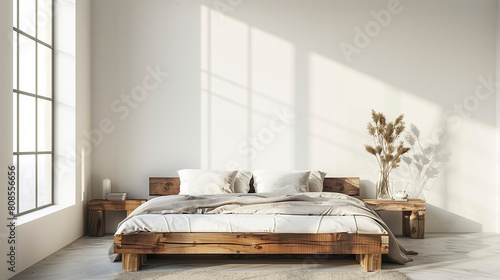 Rustic wooden bed against empty white wall with copy space. Japandi loft interior design of modern bedroom.  photo