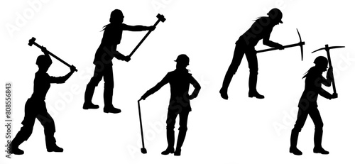 Silhouette collection of female workers in action pose with sledge hammer and pick axe tool