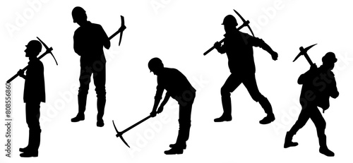 Silhouette collection of construction worker in action pose with pick axe tool. 