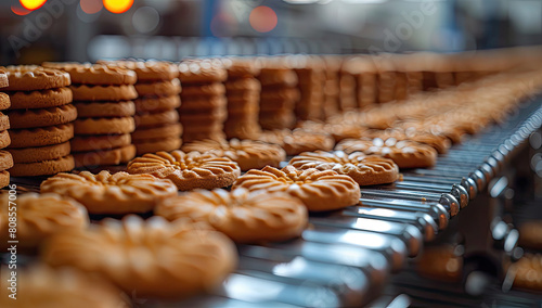 A closeup shot of cookies being crossed on the conveyor belt in an advanced food production facility. Created with Ai