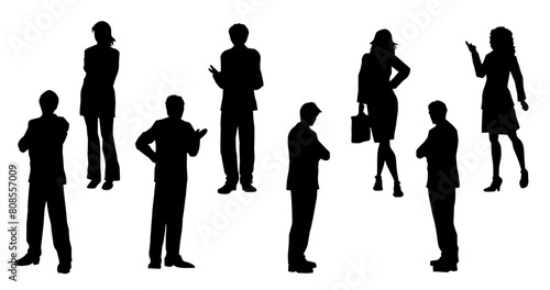 Silhouette group of fashionable people in standing pose. silhouette collection of business people man and woman
