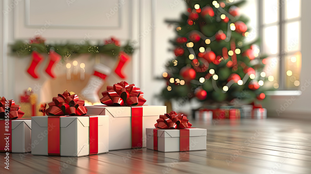 Christmas gift boxes and tree 3d render