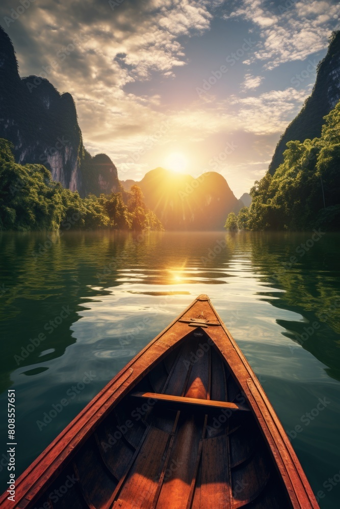 Fototapeta premium A boat is on a lake with mountains in the background. The sun is setting, casting a warm glow on the water