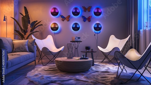 A contemporary living room with a smart air quality monitor, a wall of ambient light art, and a set of butterfly chairs photo