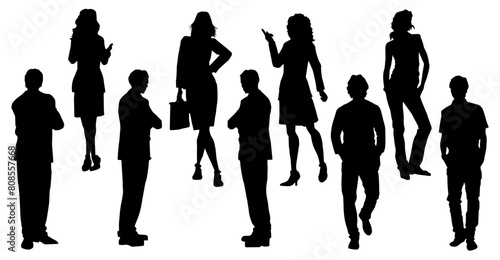 Silhouette group of fashionable people in standing pose. Silhouette collection of business people man and woman