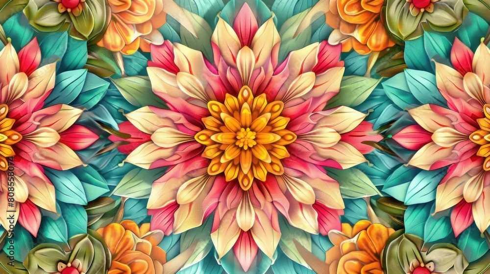 Illustration of a flower pattern background seamlessly blending with a mandala design Illustration of a flower pattern background seamlessly blending with a mandala design