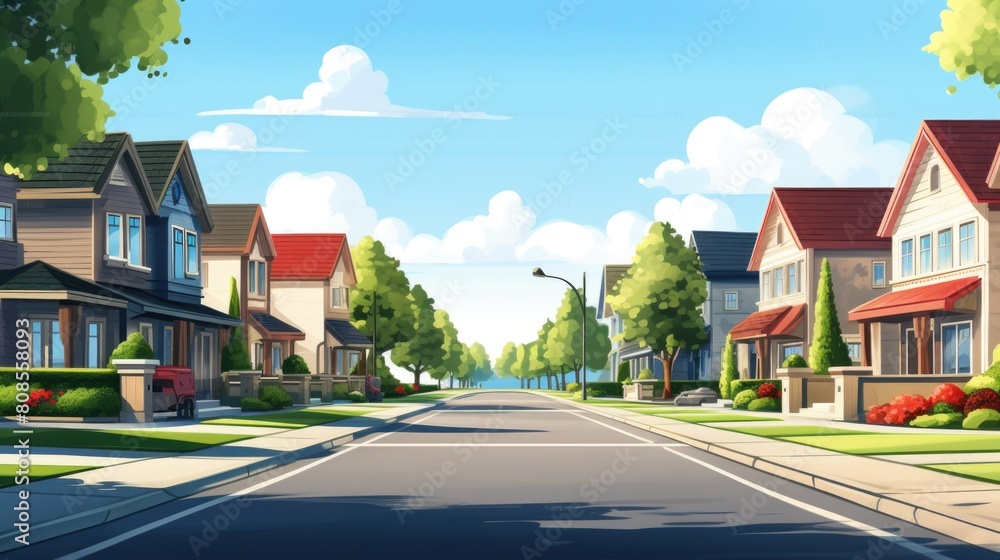 A street with houses on both sides and a tree in the middle. The houses are red and white A street with houses on both sides and a tree in the middle. The houses are red and white