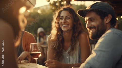 A group of people are sitting at a bar  laughing and enjoying each other s company. A woman is holding a wine glass and smiling  while a man is sitting next to her. The atmosphere is relaxed