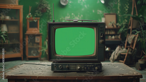 Vintage TV with green screen in retro living room