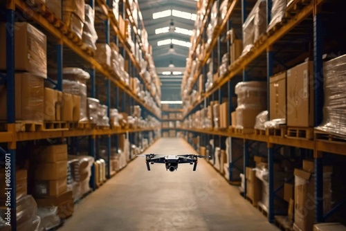 A drone is flying in a warehouse. The warehouse is full of boxes and pallets. The drone is flying low to the ground, and it is not clear what it is doing