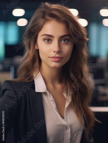 Wallpaper Mural A woman with long brown hair and a white shirt is standing in front of a window. She is wearing a black jacket and a white shirt Torontodigital.ca