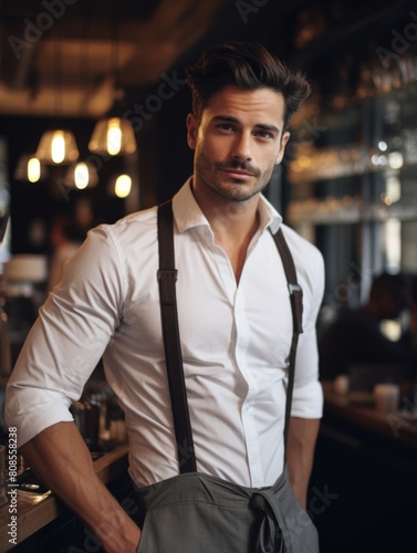 A man in a white shirt and suspenders stands in front of a bar. He looks confident and well-dressed