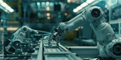 A robot is working on a conveyor belt in a factory. The robot is white and has a mechanical arm. The conveyor belt is moving and the robot is actively engaged in its work