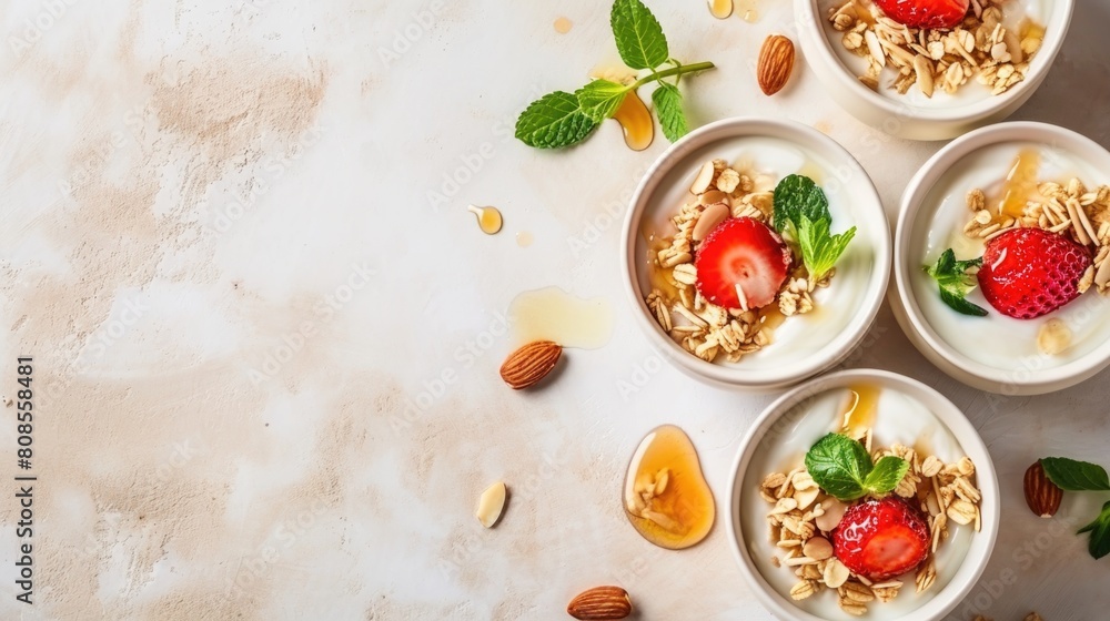 A white bowl of yogurt with almonds and strawberries on top A white bowl of yogurt with almonds and strawberries on top