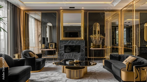 A contemporary living room with a dramatic black and gold color scheme, featuring a black marble fireplace, gold-framed mirrors, and plush velvet furniture that adds a touch of luxury photo