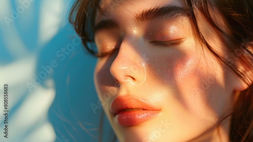 A woman with long brown hair and a tan complexion is sitting in the sun with her eyes closed