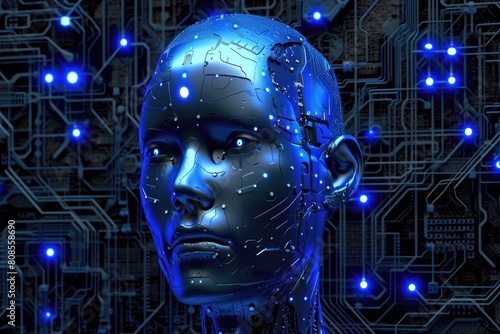 A woman's face is shown in a blue light with a lot of circuitry. Concept of technology and artificial intelligence