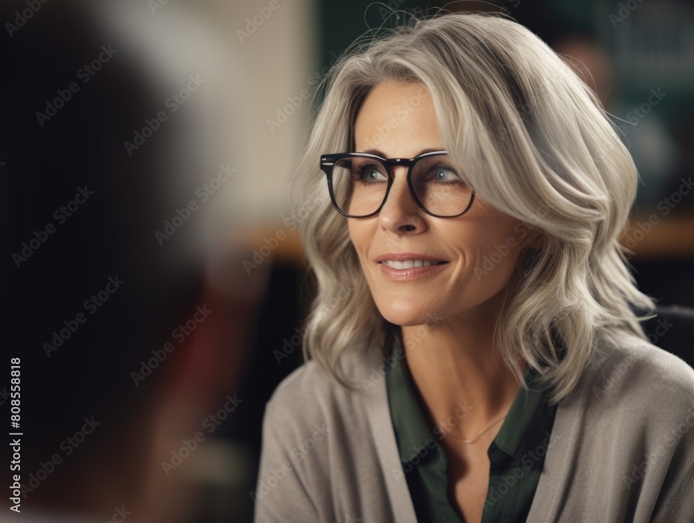 A woman with glasses is smiling at the camera. She is wearing a green shirt and a gray sweater A woman with glasses is smiling at the camera. She is wearing a green shirt and a gray sweater