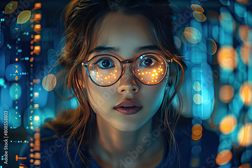 A young Asian woman wearing glasses is working in front of an electronic screen. Created with Ai