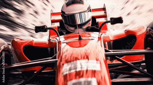 A red race car is speeding down a track. The driver is wearing a helmet and is focused on the road ahead. The car is designed for speed and agility, with a sleek and aerodynamic shape