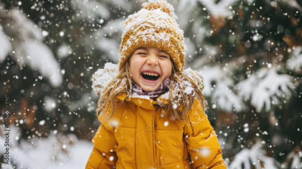 A young girl is smiling and laughing while wearing a yellow coat and a hat. She is standing in the snow, enjoying the winter weather A young girl is smiling and laughing while wearing a yellow coat and a hat. She is standing in the snow, enjoying the winter weather