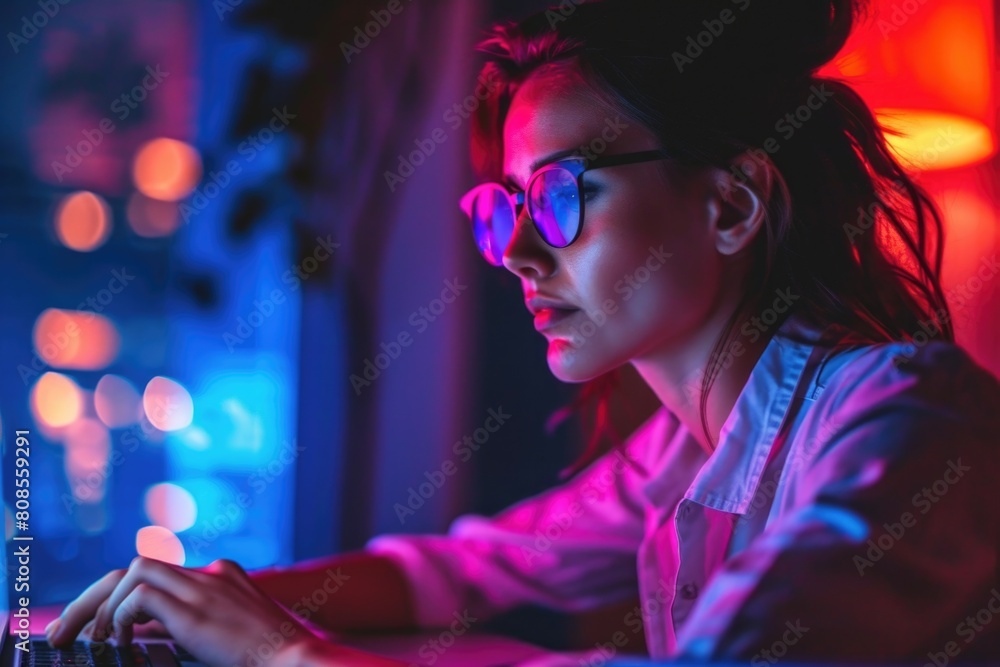 A woman is typing on a computer with a bright blue background. She is wearing sunglasses and a white shirt A woman is typing on a computer with a bright blue background. She is wearing sunglasses and a white shirt
