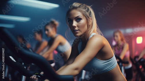 A woman is on a stationary bike in a gym with other people. She is smiling and she is enjoying her workout