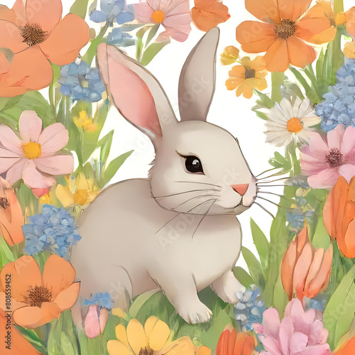 Rabbit among flowers eating a carrot, cartoon illustration 