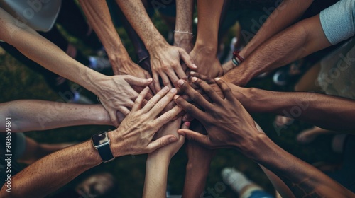 Group of hands of various nationalities gathered together The concept of teamwork and friendship photo