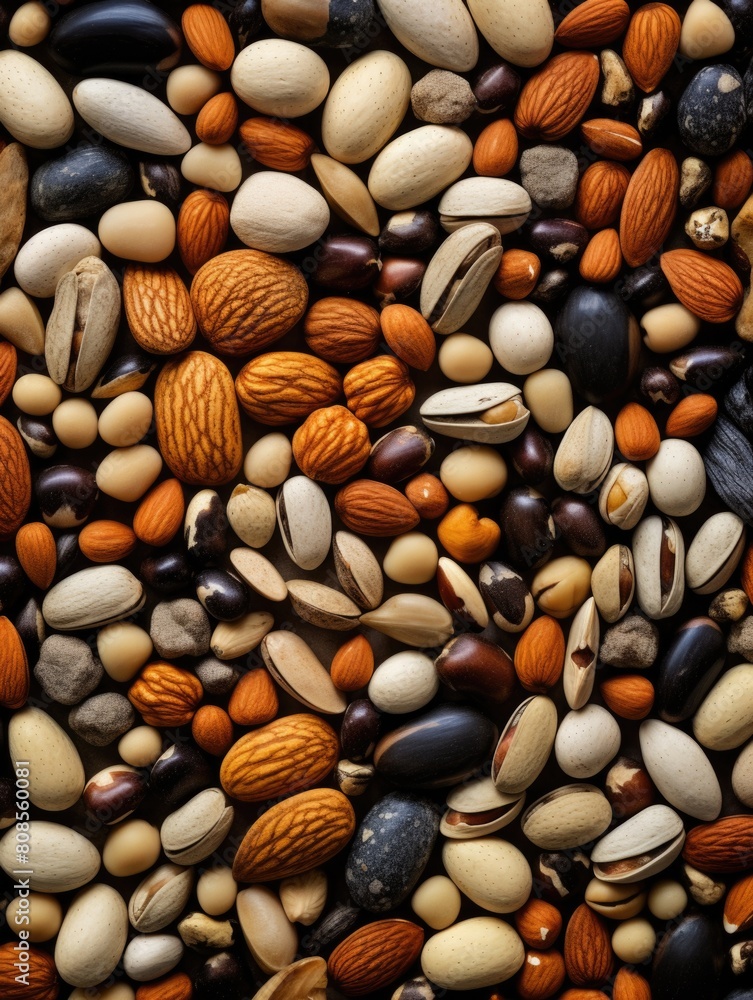 A close up of a variety of nuts and seeds. Concept of abundance and diversity, with a mix of different shapes, sizes, and colors. The nuts and seeds are scattered throughout the image A close up of a variety of nuts and seeds. Concept of abundance and diversity, with a mix of different shapes, sizes, and colors. The nuts and seeds are scattered throughout the image