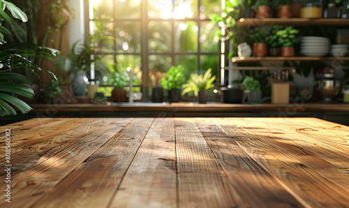 A warmly lit kitchen counter with sunlight filtering through green plants. generate AI
