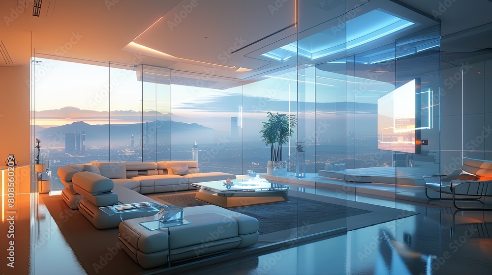 View of A futuristic living room with wall-to-wall smart glass panels that ...