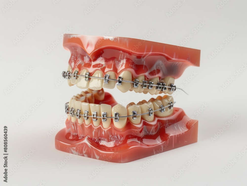 A model of a mouth with braces and a wire. The teeth are white and the braces are silver A model of a mouth with braces and a wire. The teeth are white and the braces are silver