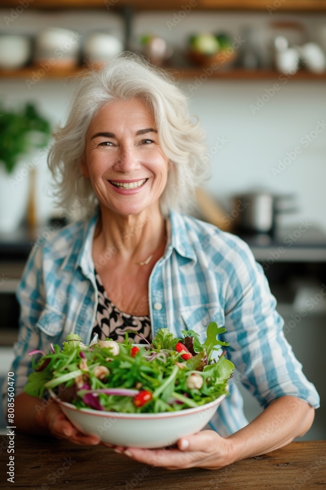 A woman is holding a bowl of salad and smiling. The bowl is filled with greens and red tomatoes