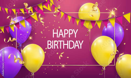 Vector banner background with confetti, gold streamer ribbons, flags, 3d balloons pink,yellow with a place for your text and the inscription Happy Birthday.Anniversary