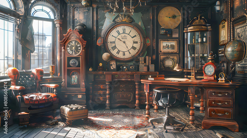 A room decorated in a retro-futuristic steampunk style, featuring a vintage desk, chairs, and a wall clock
