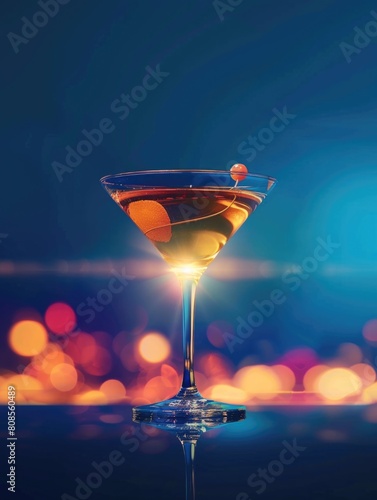 A glass of alcohol with a cherry on top. The image has a mood of celebration and relaxation