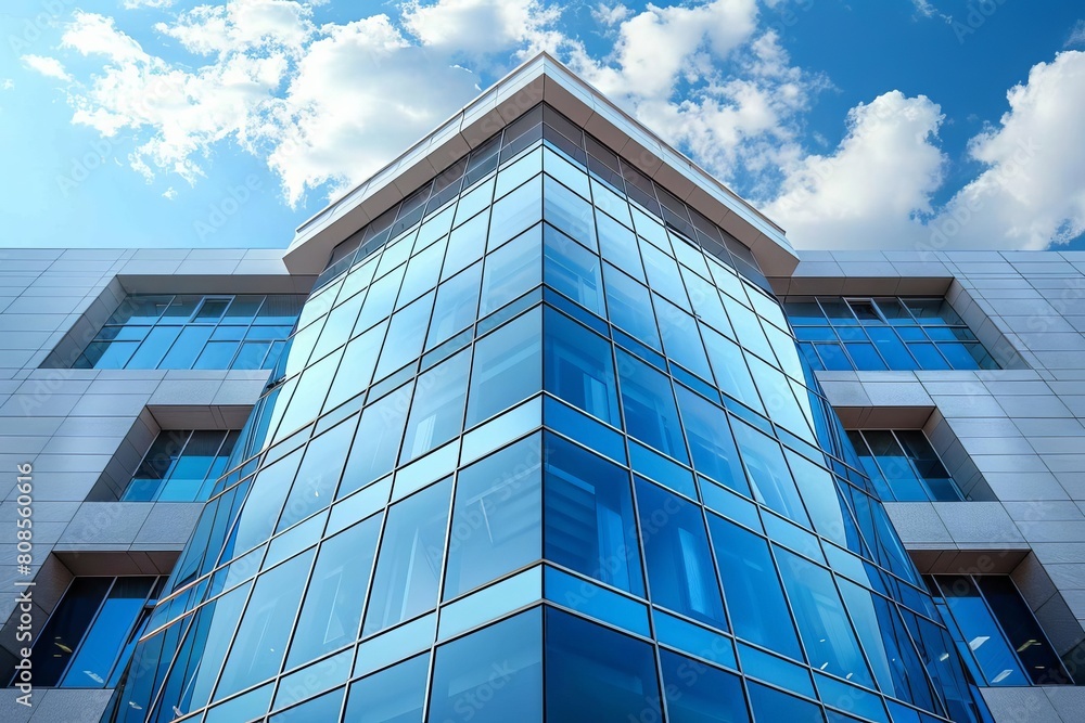 Abstract view looking up at modern concrete and glass building Artistic view of exterior architectural design and detail A modern office building with abstract color background Abstract view looking up at modern concrete and glass building Artistic view of exterior architectural design and detail A modern office building with abstract color background