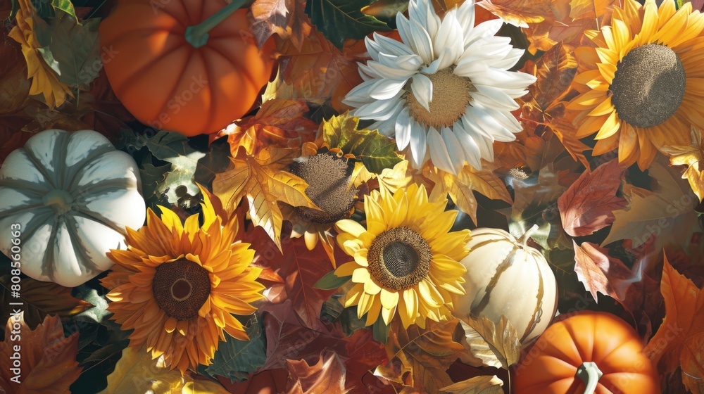 Fototapeta premium A colorful autumn scene with flowers, leaves, and pumpkins. Scene is warm and inviting, with the bright colors of the flowers and the fall foliage creating a sense of coziness and comfort