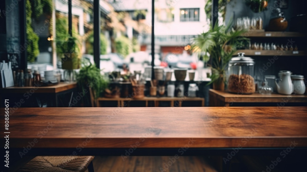 A wooden table with a view of a street and a potted plant A wooden table with a view of a street and a potted plant