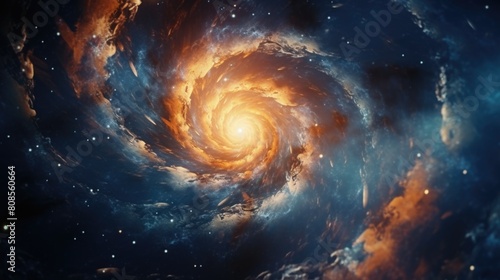 A spiral galaxy with a bright orange center. The galaxy is filled with stars and clouds of gas. The galaxy is a beautiful and mysterious sight
