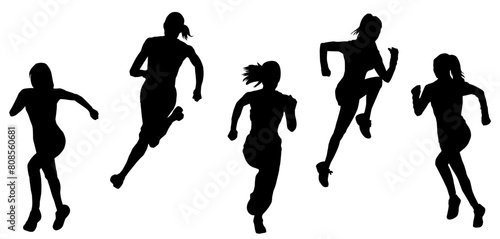 Silhouette collection of sporty female running pose. Silhouette collection of women runner.