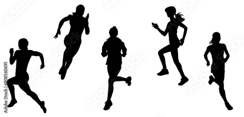 Silhouette collection of sporty female running pose. Silhouette collection of women runner.