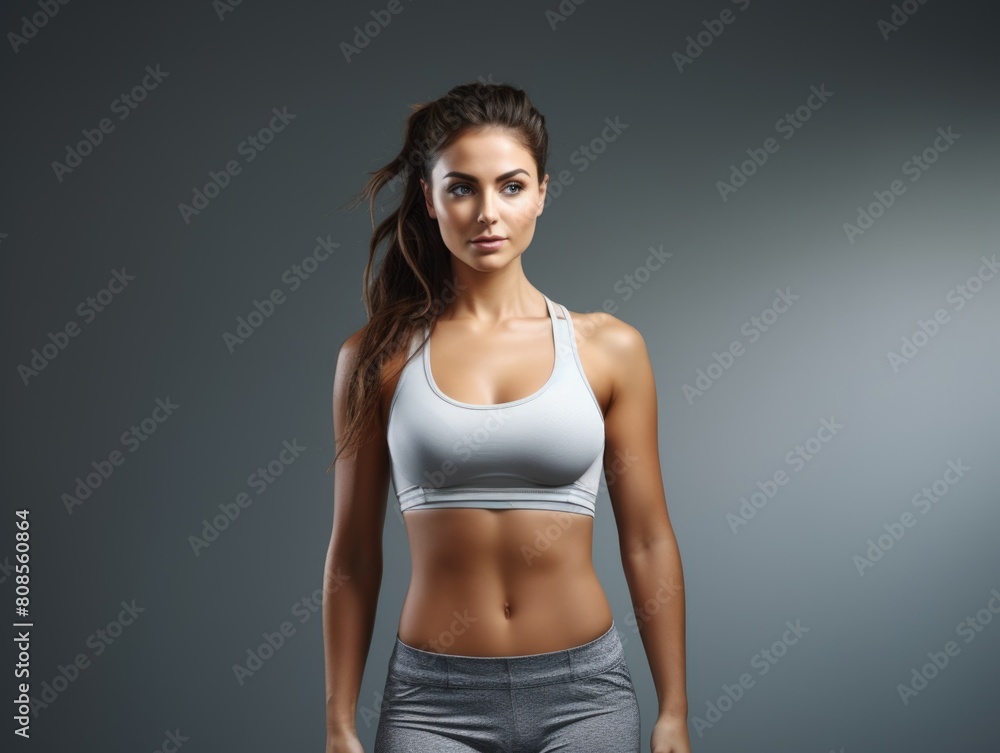 A woman is wearing a white tank top and grey pants. She is standing in front of a grey wall A woman is wearing a white tank top and grey pants. She is standing in front of a grey wall