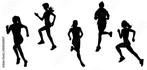 Silhouette collection of sporty female running pose. Silhouette collection of women runner.