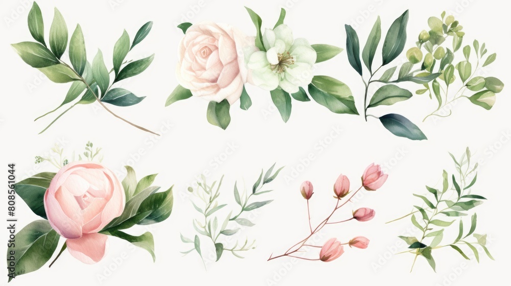 A collection of flowers and leaves in various colors and sizes. The flowers are pink and white, and the leaves are green. Concept of natural beauty and tranquility