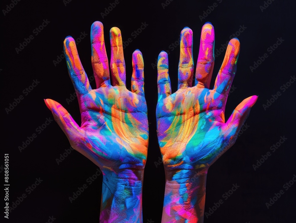 Obraz premium The hands are painted with bright colors and are held up in the air. Concept of creativity and freedom, as the hands are not constrained by their natural appearance